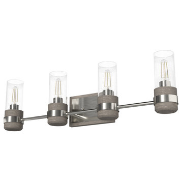 River Mill Brushed Nickel and Gray Wood, Clear Glass 4 Light Vanity Wall Light