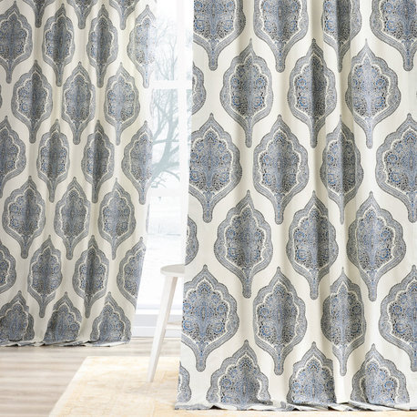 Arabesque Blue Printed Cotton Twill Curtain Single Panel, 50"x84"