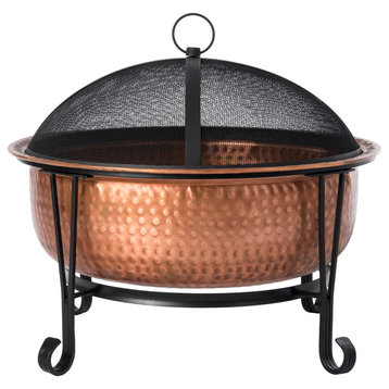 Palermo Round Hammered Wood Burning Fire Pit With Fire Tool