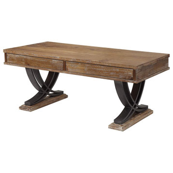 Industrial Coffee Table, X-Shaped Legs With Wooden Top & 2 Drawers, Antique Oak