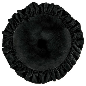 Stella Faux Silk Velvet Ruffled Round Pillow, 18", Black, 1 Piece