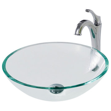 Glass Vessel Sink, Arlo Bathroom Faucet, PU Drain, Mounting Ring, Chrome