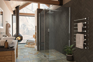 Diseño de cuarto de baño minimalista con aseo y ducha