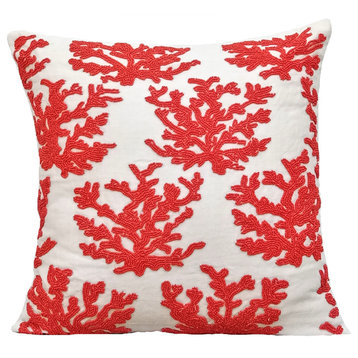 Red Decorative Pillow Covers 24"x24" Cotton, Red Corals