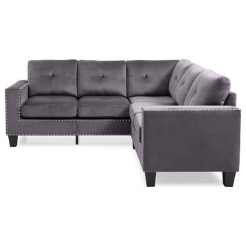 Nailer 82" W 1 Piece Velvet L Shape Sectional Sofa, Gray