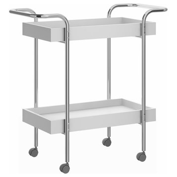 Storage Cart With 2 Tier Design And Metal Frame, White And Chrome