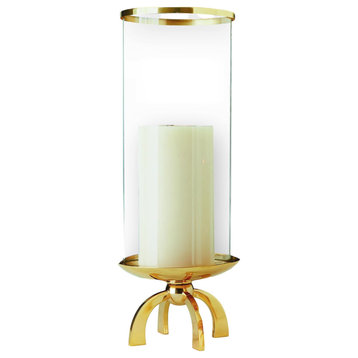 Contemporary Shiny Gold Footed Hurricane Metal Pillar Candleholder 26" Modern