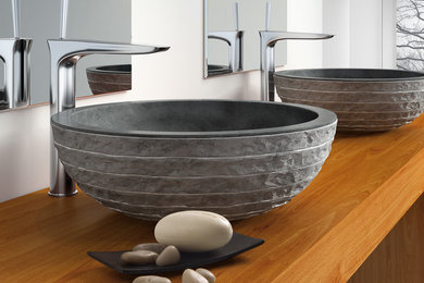 Example of a large trendy master white tile cement tile floor and gray floor bathroom design in Orange County with open cabinets, medium tone wood cabinets, a one-piece toilet, white walls, a vessel sink, wood countertops and brown countertops