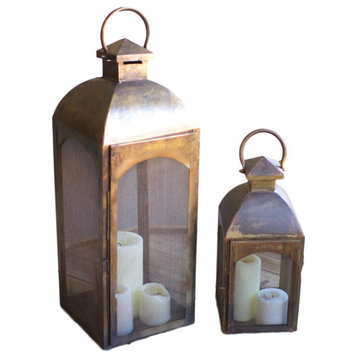 Vintage Style Antiqued Bronze Metal Pillar Candle Lanterns Display Case, 2-Piece
