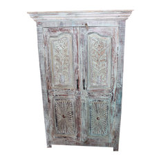 Mogul Interior - Consigned Distressed Vintage Cabinet Original Floral Chakra Carving Storage - Armoires and Wardrobes