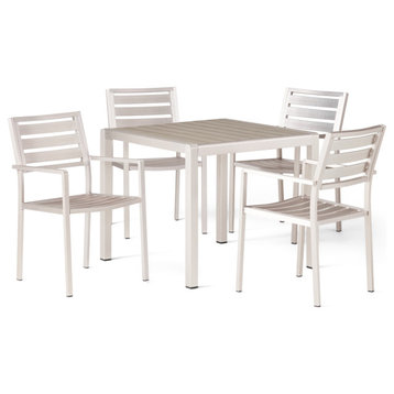 Abbott Outdoor 4 Seater Aluminum Dining Set With Faux Wood Table Top, Aluminum + Faux Wood