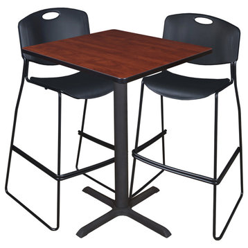 Cain 30" Square Cafe Table- Cherry & 2 Zeng Stack Stools- Black