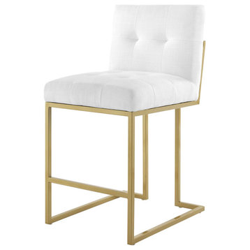 Counter Stool Chair, Fabric, Metal, Gold White, Bar Pub Cafe Bistro Restaurant