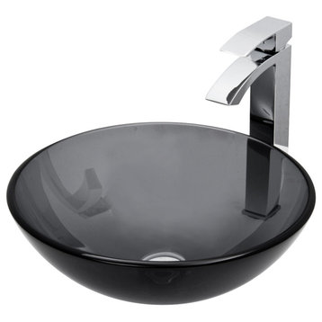 VIGO Sheer Black Glass Vessel Sink and Faucet Set, Black