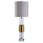 StyleCraft - Whitlam Table Lamp Brass Finish On Metal And Crystal Body Hardback Shade - The Whitlam Table Lamp by Harp and Finial blends a stately look with modern cool in its sleek metal and crystal cylindrical form. A brass finish is complemented by clear crystal and a linen hardback shade for an understated yet chic feel. This effortless table lamp is a perfect addition to the living room, foyer, or study.