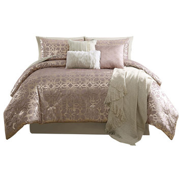Benzara BM283878 King Size Poly Velvet Comforter Set, Foil Pattern, Blush Pink