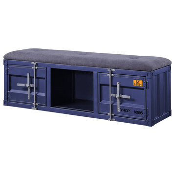 Acme Storage Bench With Gray Fabric And Blue Finish 35942