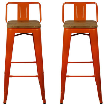 Orange Low Back Metal Barstools With Wooden Seat, Set of 2