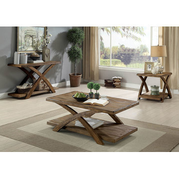 Benzara BM177900 Wooden 3 Piece Table Set With X Shaped Table Base, Light Oak