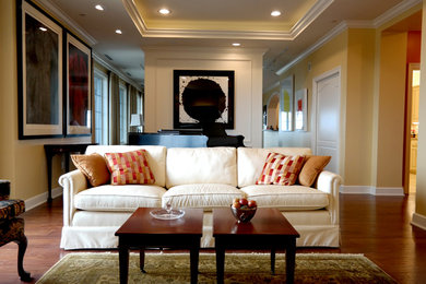 Mid-sized transitional formal and enclosed dark wood floor and brown floor living room photo in Other with yellow walls