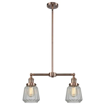 2-Light Small Bell 22" Chandelier, Antique Copper, Glass: Clear