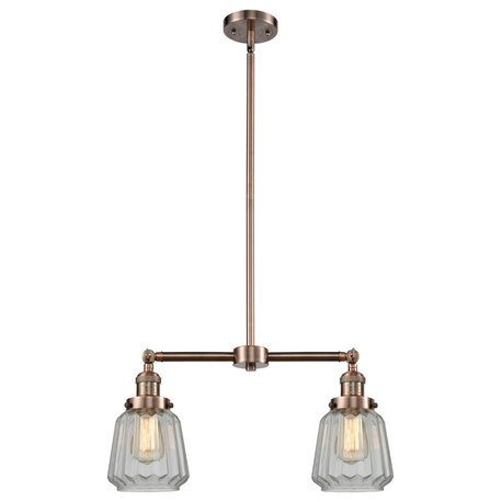 2-Light Small Bell 22" Chandelier, Antique Copper, Glass: Clear