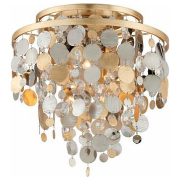 Ambrosia Ceiling Flush Mount, Gold and Silver Leaf Finish, Clear Crystal Drops