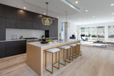 Open concept kitchen - large contemporary single-wall medium tone wood floor open concept kitchen idea in DC Metro with flat-panel cabinets and an island