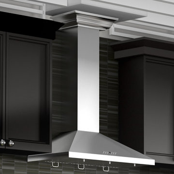 Black kitchen featuring a ZLINE KL2CRN Stainless Steel Wall Range Hood