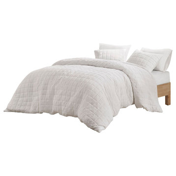N Natori Cocoon Crushed Microfiber Quilted Comforter/Duvet Cover Set, White, Ful