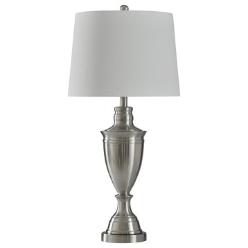 Transitional Brushed Steel Table Lamp, Silver Body, White Shade