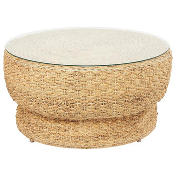 Bohemian Coffee Table, Woven Water Hyacinth Base With Round Clear Round Top
