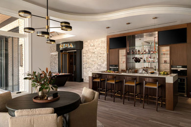 Huge trendy single-wall vinyl floor and gray floor wet bar photo in Raleigh with flat-panel cabinets, brown cabinets, quartz countertops and white countertops