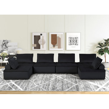 Anna Velvet 6-Seater U-Shape Modular Sectional Sofa, Black