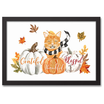 Kitty With Pumpkins 19.73 x 13.73 Black Framed Canvas