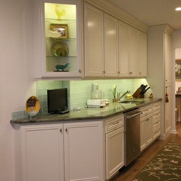 Transitional Galley Kitchen Remodel | Soft-White Cabinets & Glass Tile Backsplas