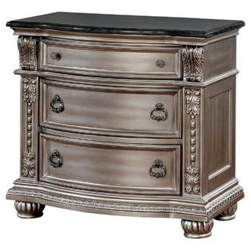 Benzara BM186322 Solid Wood with Marble Top Nightstand with 3 Drawers, Silver