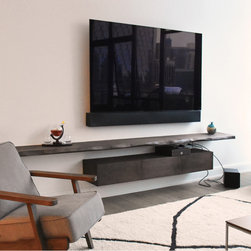 Live Edge Floating Shelf with custom Walnut Entertainment Box - Console Tables