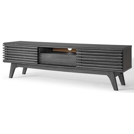 Media TV Stand Console Table, Wood, Dark Grey Gray, Modern, Lounge Hospitality