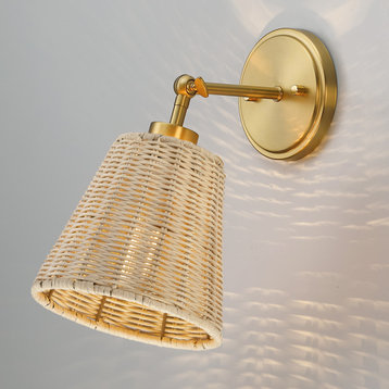 7" W 1-Light Brass Natural Rattan Wall Sconce With Adjustable Swivel Swing Arm