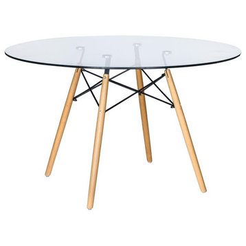 Round Dining Table, Angled Legs With Black Eiffel Support & Glass Top, 40" Dia
