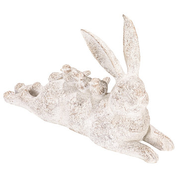 Decorative Resting Rabbit With Birds Figurine, Distressed White