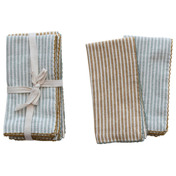 Square Cotton Napkins with Scalloped Edge and Stripes, Set of 4, 2 Colors