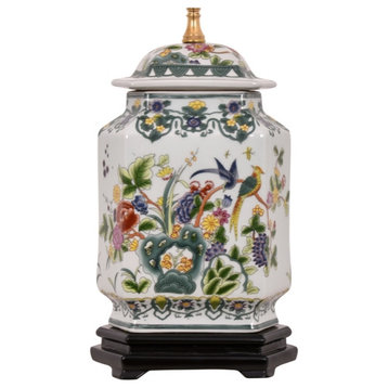 Chinese Porcelain Famille Bird Motif Hexagonal Ginger Jar Table Lamp 25"