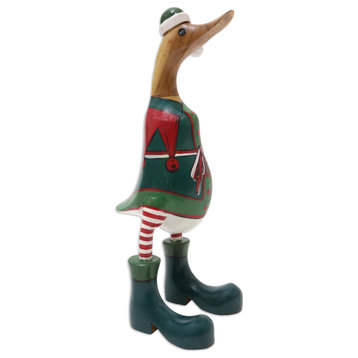 Novica Handmade SantaS Helper Duck Bamboo Root And Teak Wood Figurine