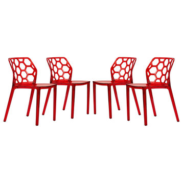 LeisureMod Dynamic Plastic Dining Side Chair Honeycomb Design in Red Set of 4
