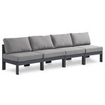 Meridian Furniture - Nizuc Water Resistant Patio Modular Straight Sofa, Gray, 4-Piece: 4 Armless Chair, Dark Gray Aluminum Frame - Pick and choose your favorites from the Nizuc collection to create a modular seating group the whole gang will enjoy. The sturdy aluminum frame provides dependable support for friends and family as they relax and unwind, and the resilient grey water resistant fabric stands up to the elements without losing its beautiful demeanor, so you can count on it lasting for the long haul. Latches beneath these seating pieces help you easily attach them to one another for convenient setup.