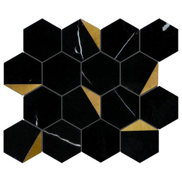 Tnngg-01 3" Hexagon Black And Gold Polished Marble Mosaic Tile, 10 Sheets