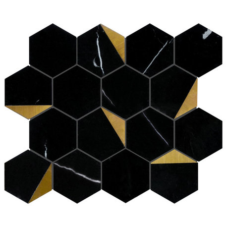 Tnngg-01 3" Hexagon Black And Gold Polished Marble Mosaic Tile, 10 Sheets