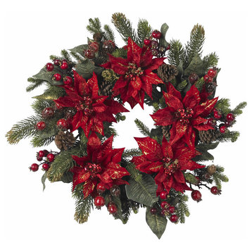 24" Poinsettia and Berry Wreath, Red